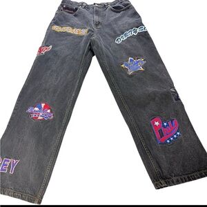 Vintage Kenpo Black Embroidered Patchwork “All Star” Baggy Jeans Sz34x31.5 Y2K